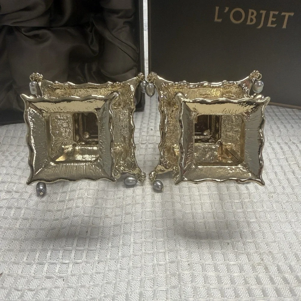Set 2 L'Objet Pagoda Napkin Jewels Rings Holders 24K Gold Plated Crystals Pearls
